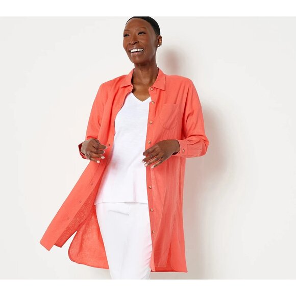 Encore by Idina Menzel Reg Relaxed Linen Button Down Shirtdress Coral L A501290 - Picture 1 of 2